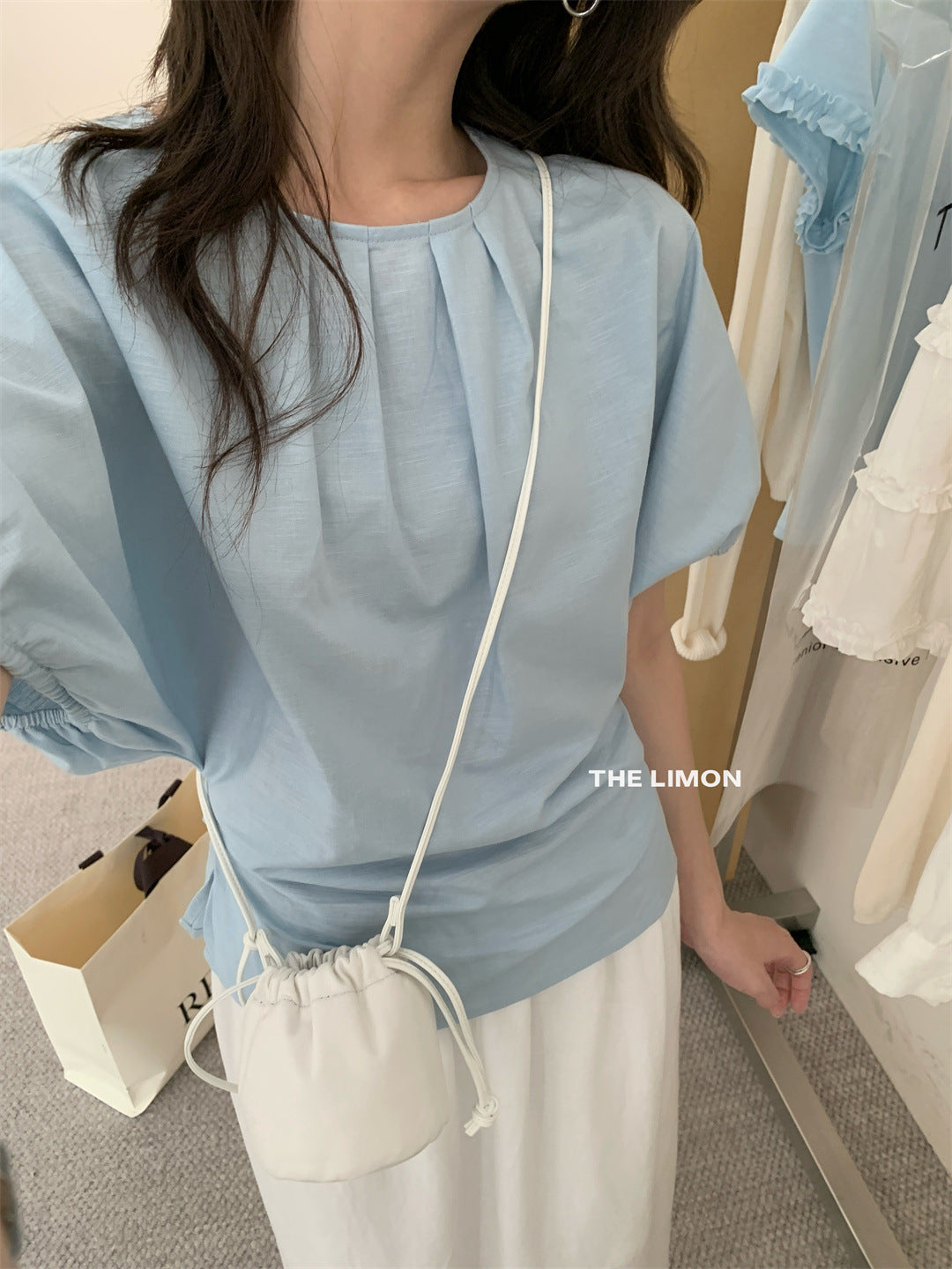 【LTM1057】實拍檸檬夏法式褶皺棉麻後背綁帶襯衫250519