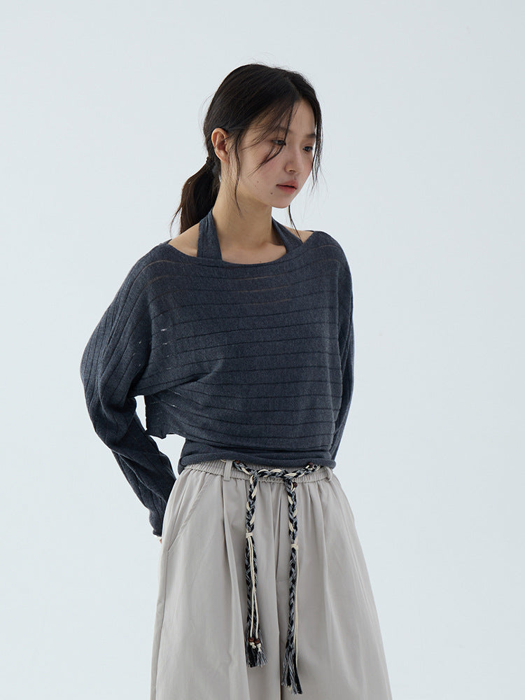 【L3142】實拍早秋絕美長袖一字領罩衫+圍脖吊帶背心250827