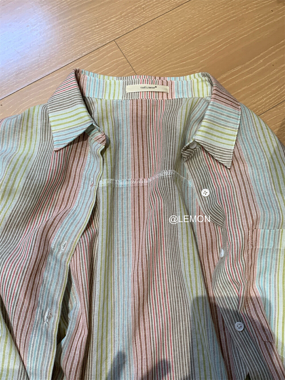 【L8505】實拍檸檬復古中性條紋長袖襯衫250414