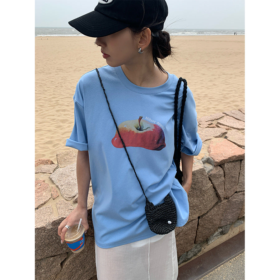 【H5285】實拍夏天韓國蘋果印花大版短袖寬鬆T恤250603