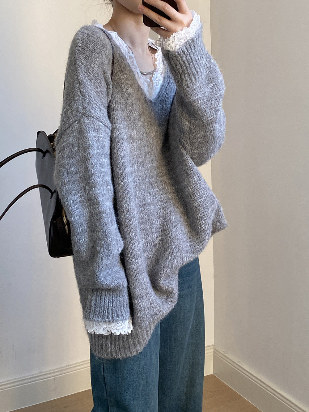 【YP960】實拍爆款質感蕾絲花邊寬鬆保暖針織毛衣(含8%羊毛)241211