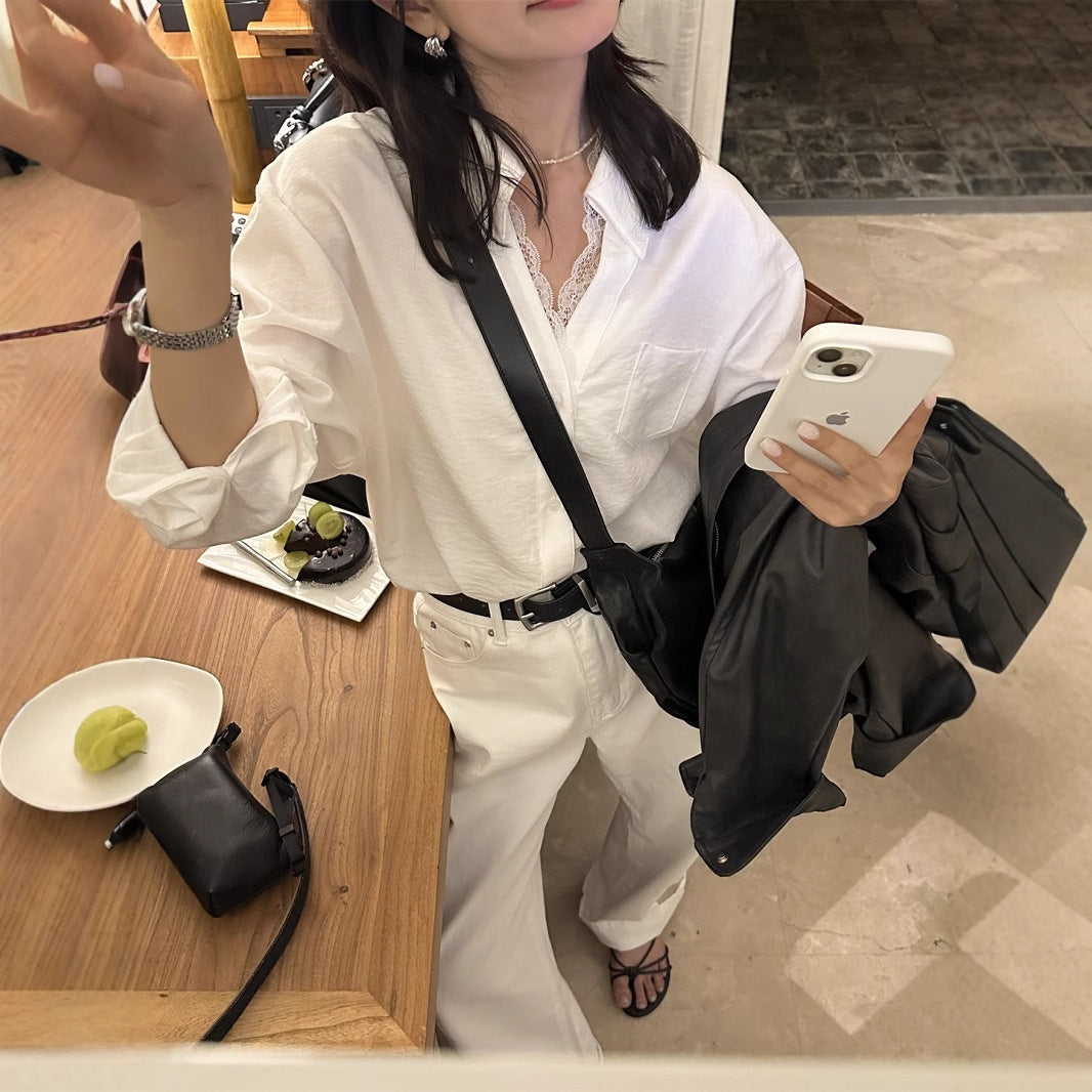 【L8133】實拍檸檬休閒法式蕾絲V領寬鬆長袖襯衫250414