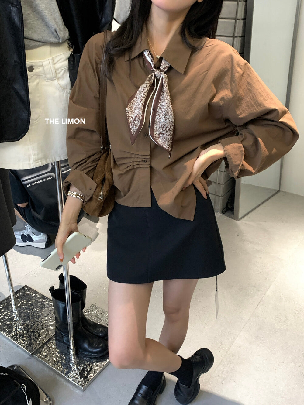 【L9160】實拍檸檬家法式簡約風設計感翻領長袖襯衫+絲巾250901