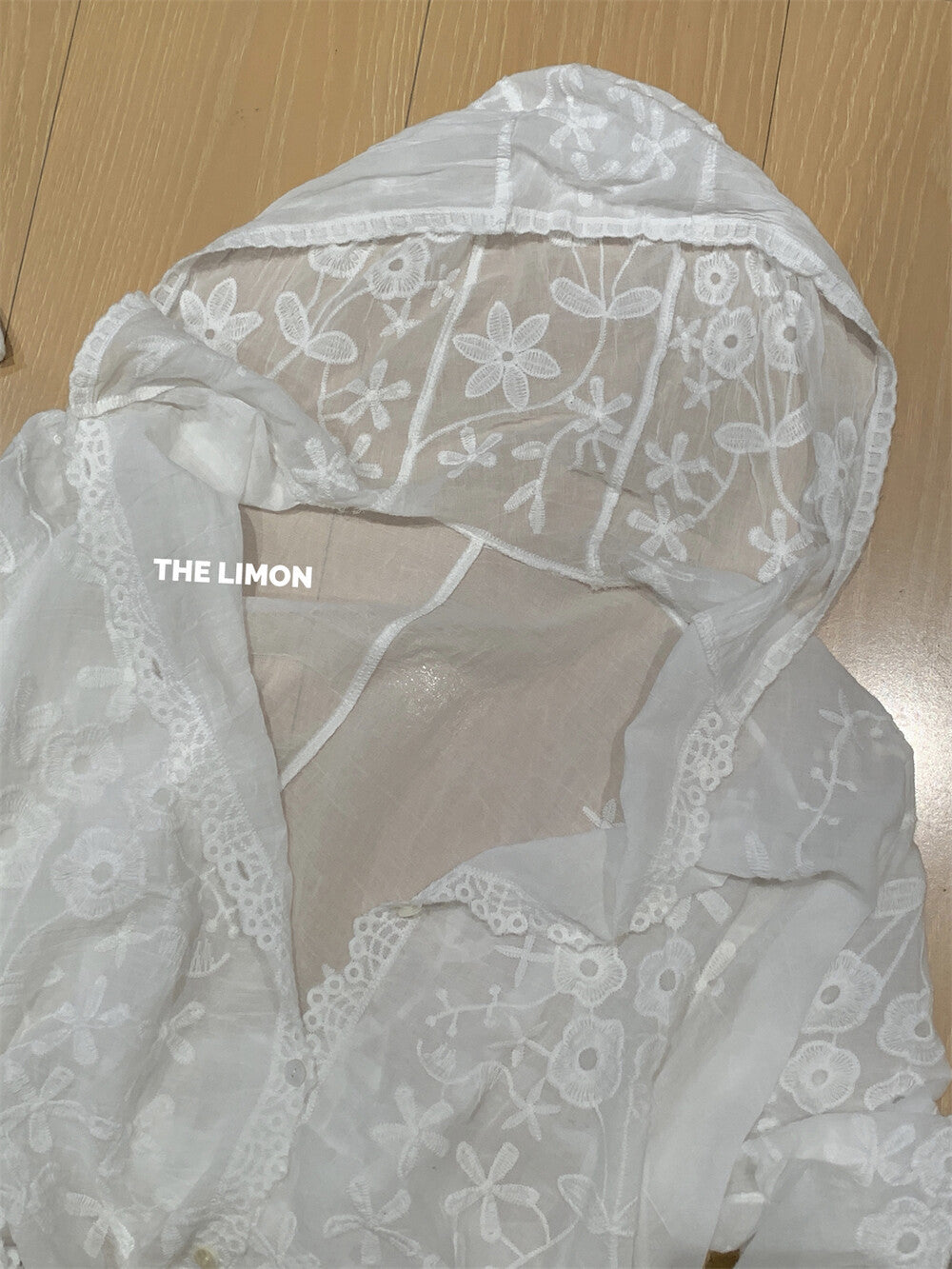 【L8509】實拍檸檬春夏蕾絲刺繡連帽長袖襯衫250414