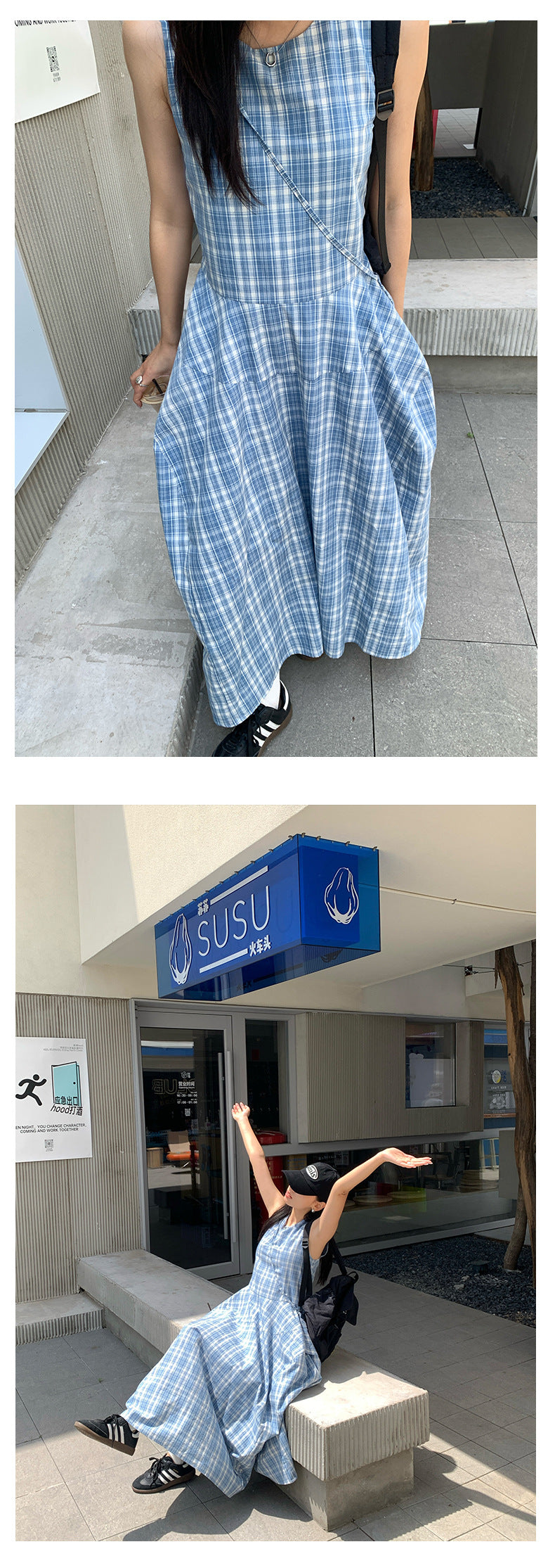 【H5290】實拍夏天韓國復古藍格個性花苞長洋裝+小包250603