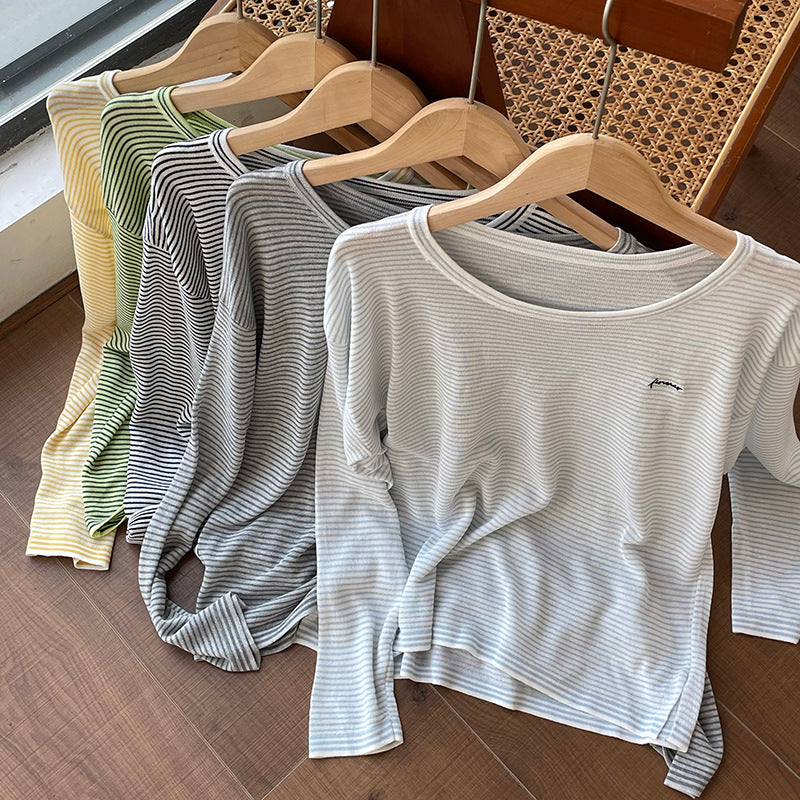 【cimXS8103】實拍條紋刺繡長袖冰絲T恤250417