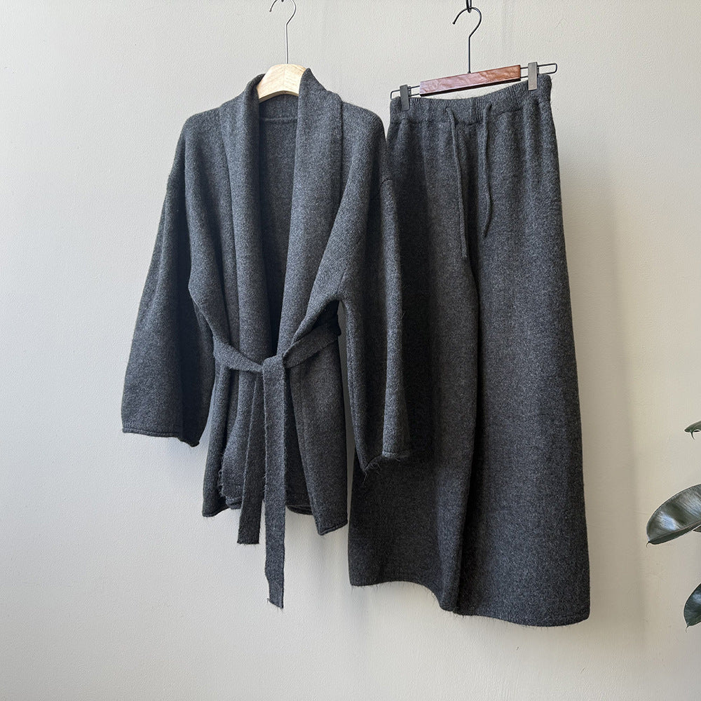 【YP1018】 實拍秋冬高級感慵懶針織開衫+繫帶+高腰針織闊腿褲 套裝251023