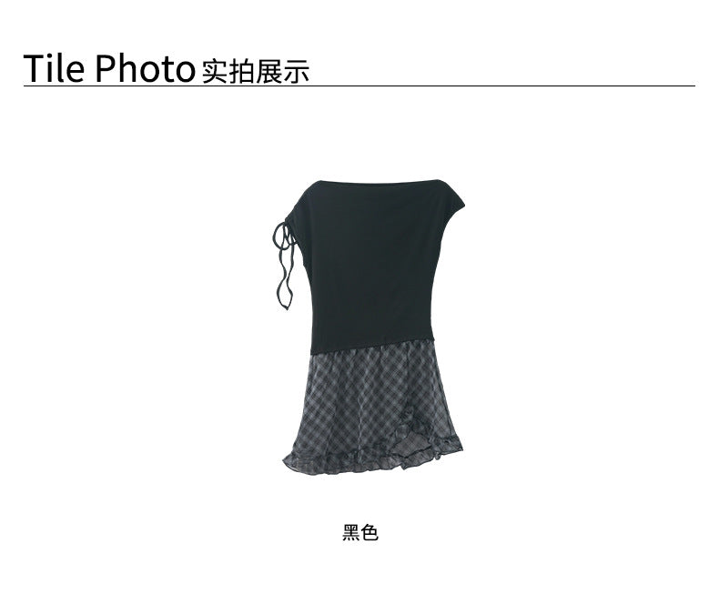 【H5364】實拍網紗拼接綁帶斜肩洋裝250708