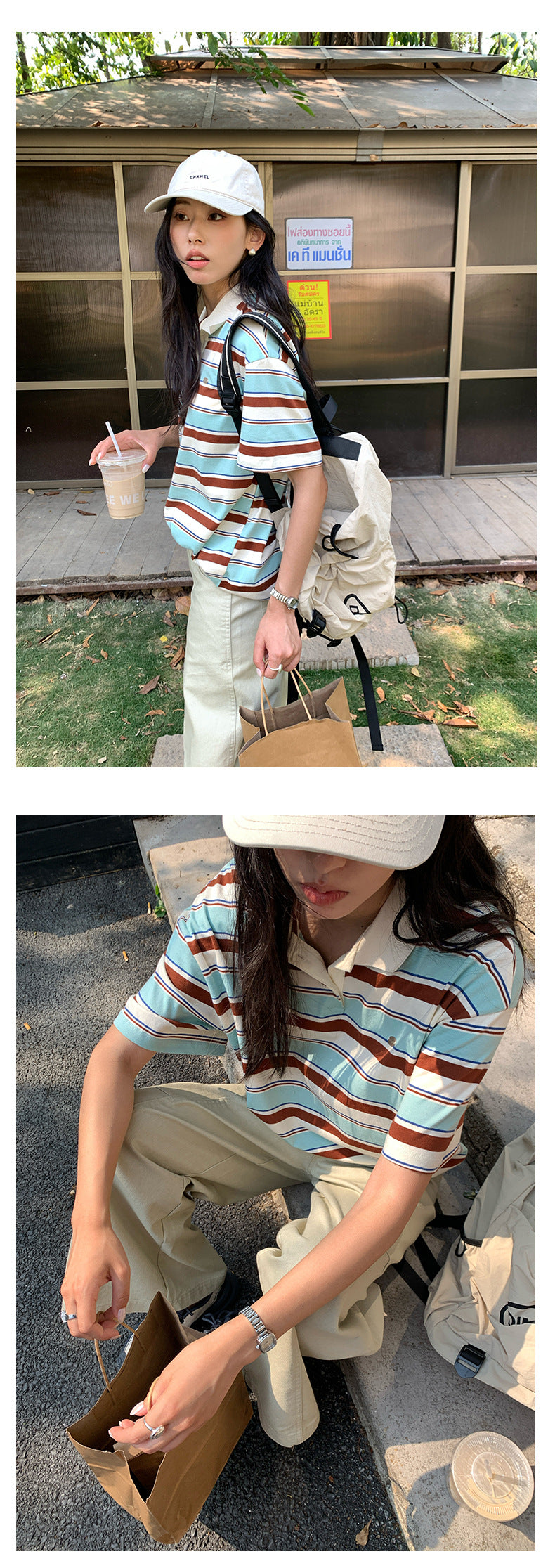 【H5169】實拍夏天復古條紋polo領寬鬆T恤250407