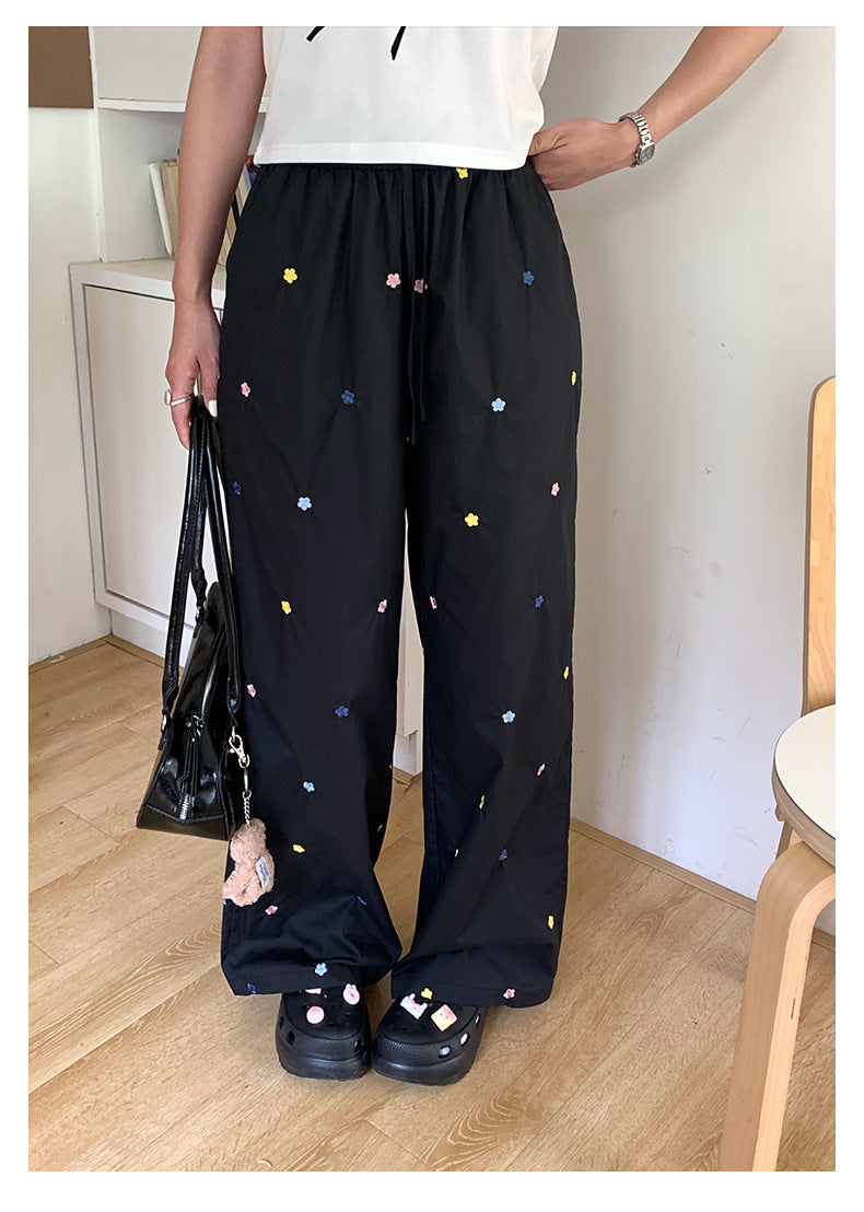 【H5335】實拍夏寬鬆刺繡小花直筒褲250624