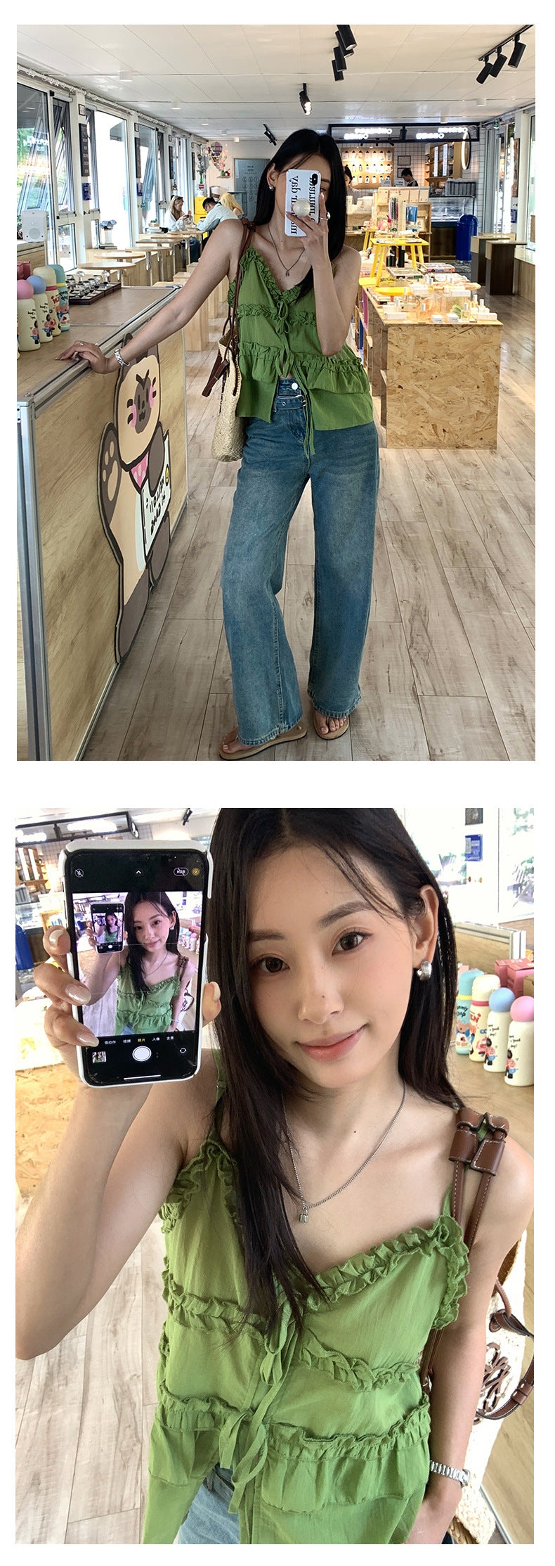 【H5304】 實拍韓國小清新荷葉V領上衣250610