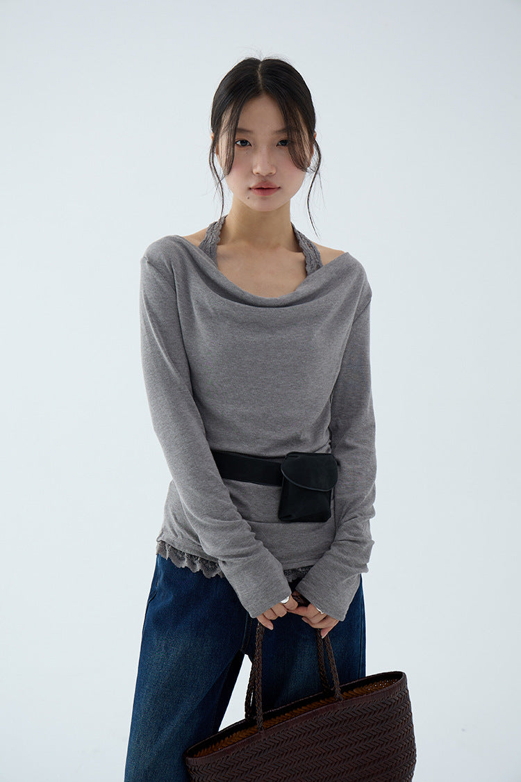 【L3140】實拍初秋極美蕩領蕾絲掛脖假兩件長袖T恤250827
