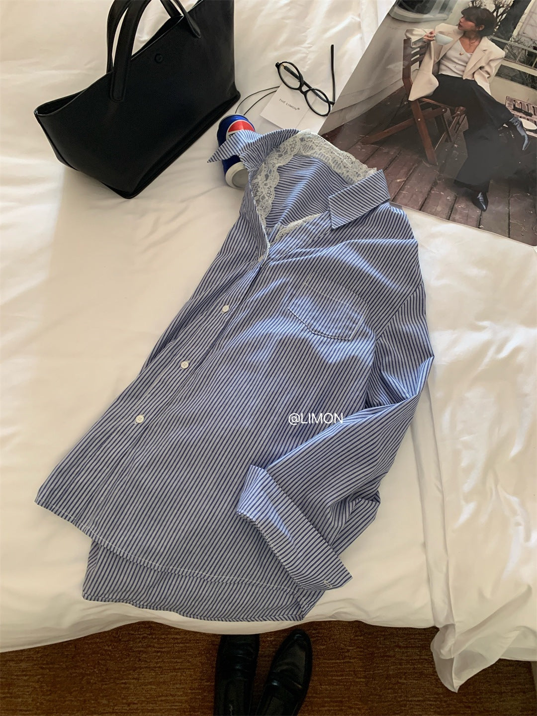【L8133】實拍檸檬休閒法式蕾絲V領寬鬆長袖襯衫250414