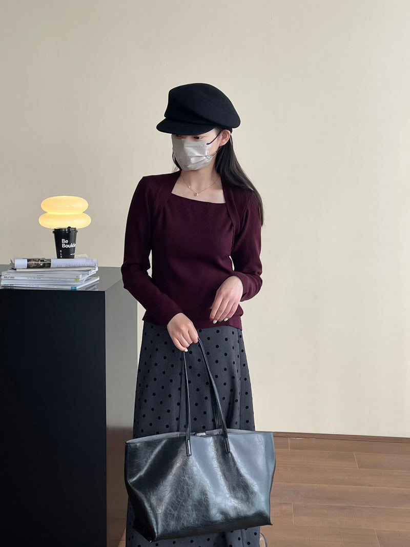 【cimYL1092】實拍方領顯瘦毛衣女假兩件氣質長袖針織衫241030