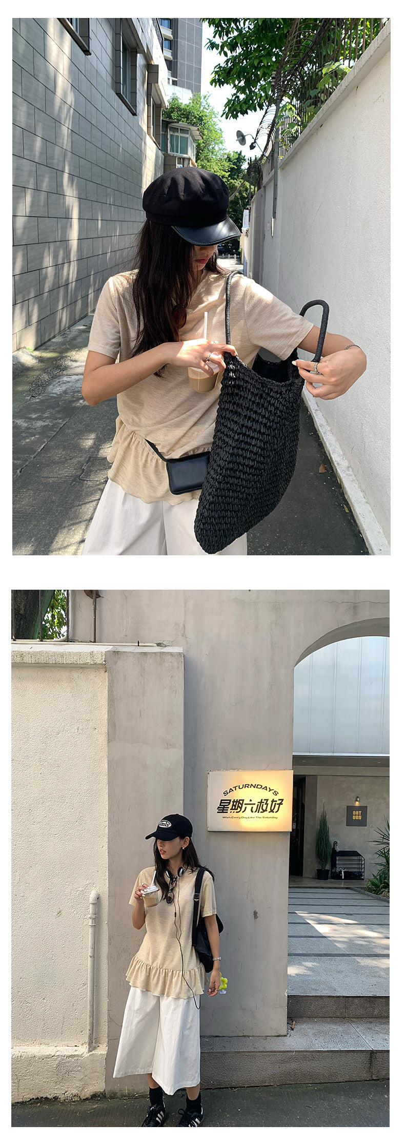 【H5375】實拍燕麥色荷葉下擺短袖T250715