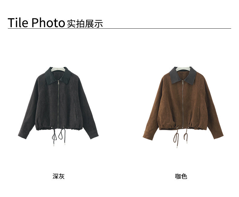 【H556】實拍復古皮領麂皮絨短版外套251007