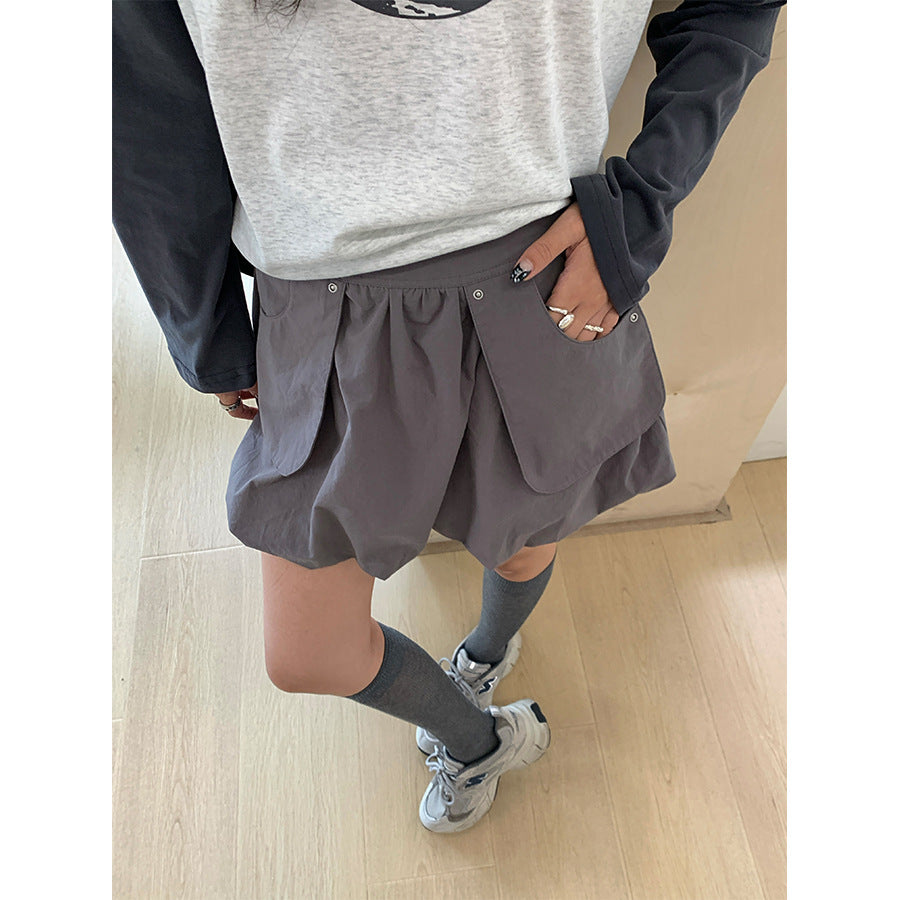 【H5419】實拍韓系美少女工裝褶皺高腰花苞裙250909
