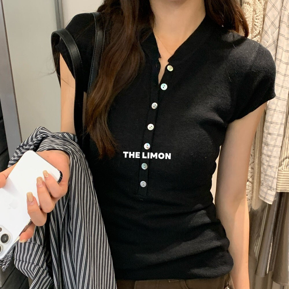 【L006839】實拍檸檬家時髦簡約顯瘦半排扣短袖針織衫250901