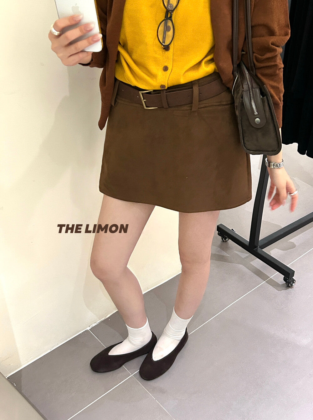 【L9238】實拍檸檬秋季質感鹿皮絨簡約復古短裙女+腰帶250915