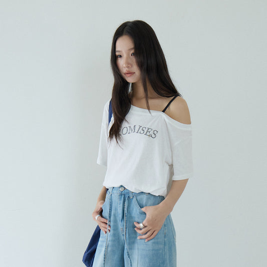 【LD11279】Y2K甜辣女孩🔥時髦單肩細肩帶字母印花假兩件露肩收腰T恤260519
