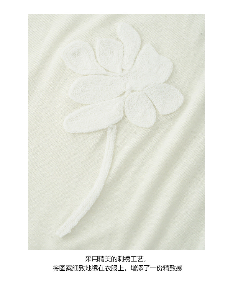 【H5410】實拍早秋天絲混紡花朵刺繡長袖T恤250909