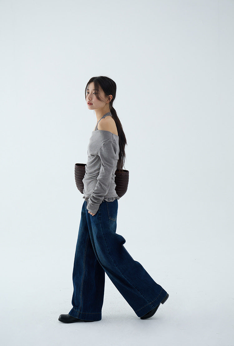 【L3140】實拍初秋極美蕩領蕾絲掛脖假兩件長袖T恤250827