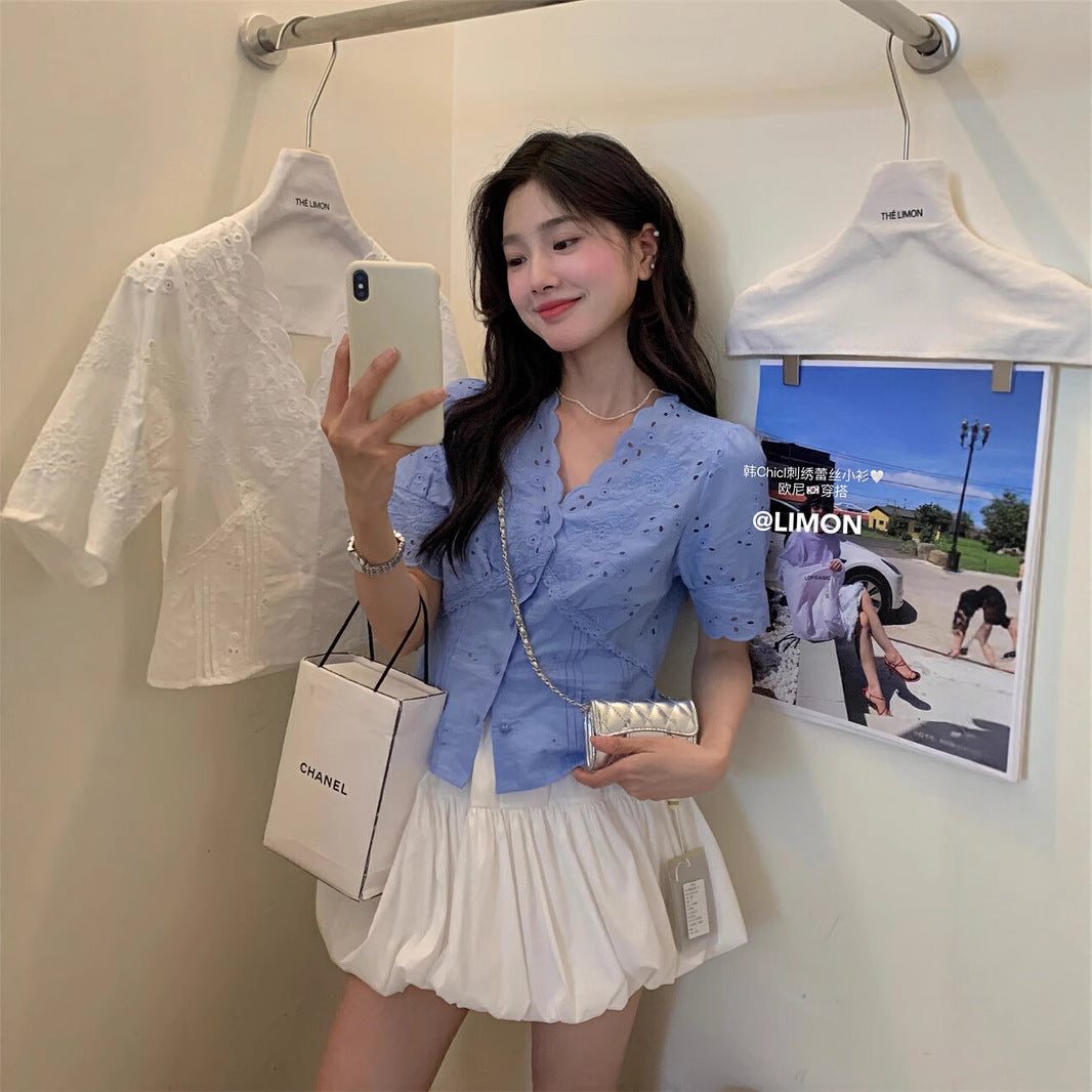 【L8377】實拍夏季收腰V領蕾絲短袖襯衫250505