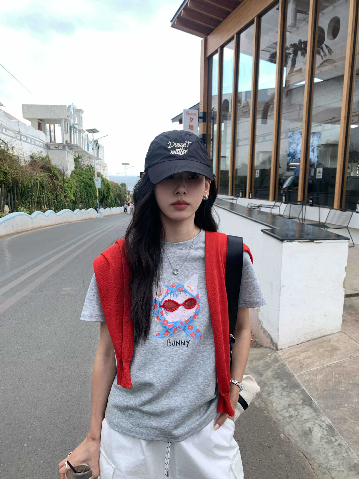 【H5195】實拍夏天帶一隻貓咪印花圓領短袖T恤250415