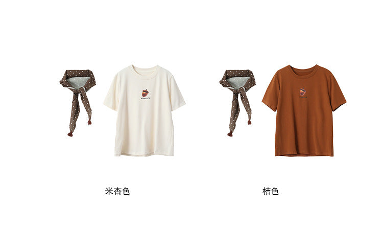 【L3157】實拍圓領印花磨毛棉短袖T恤+絲巾250827