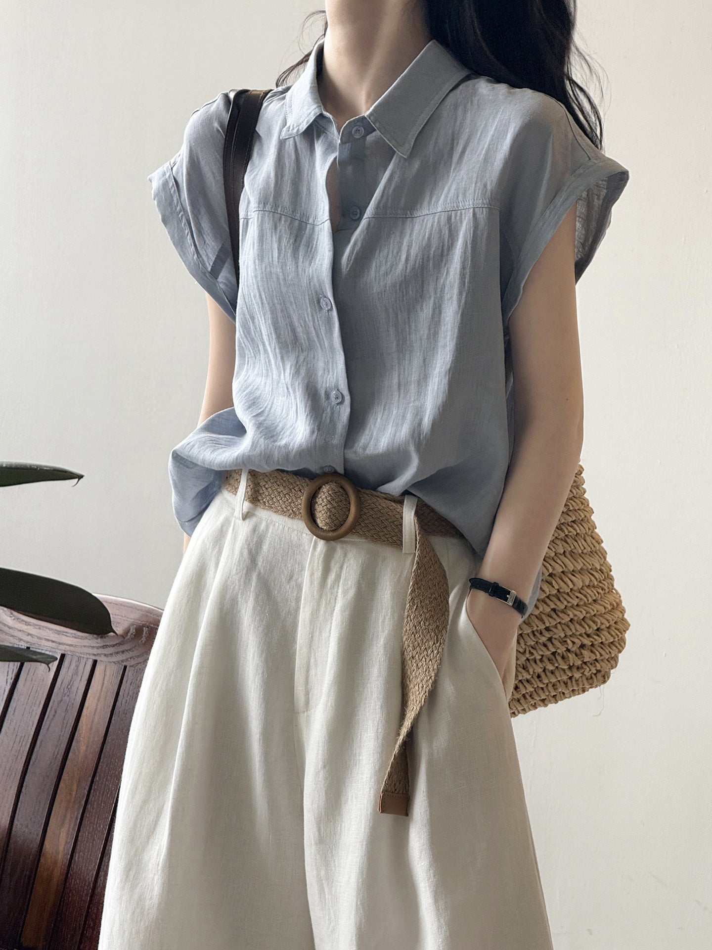 【Y82315】高單夏天亞麻混棉落肩襯衫250515