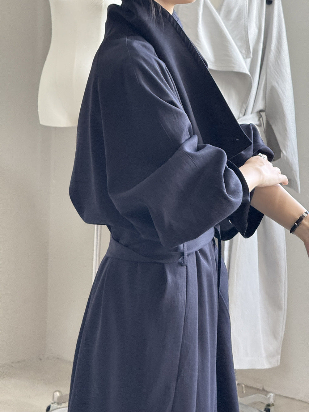 【Y82606】實拍初秋休閒寬鬆慵懶大翻領長款風衣外套含腰帶250828