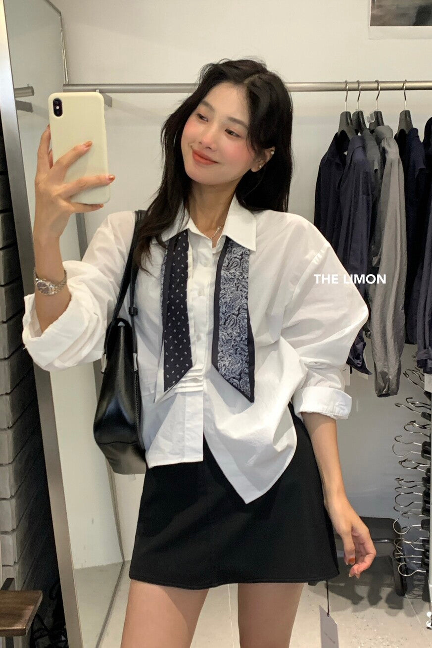 【L9160】實拍檸檬家法式簡約風設計感翻領長袖襯衫+絲巾250901
