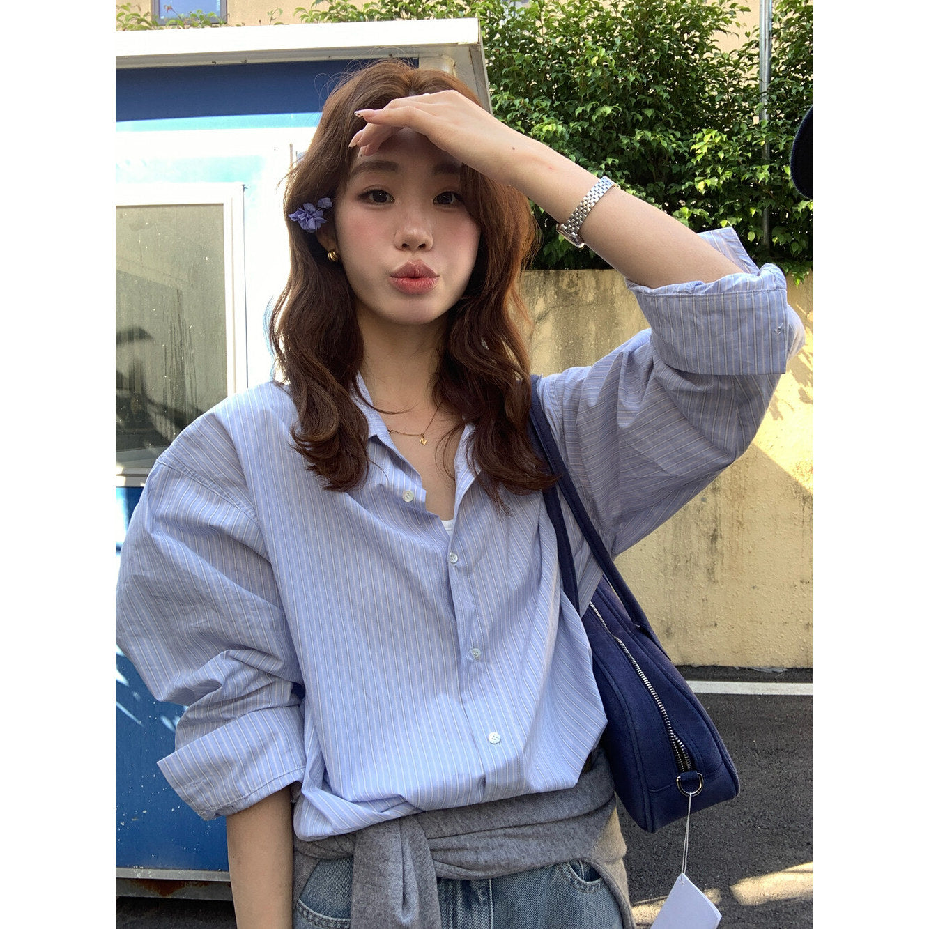 【L10122】韓系粉嫩少女感🌸慵懶風寬鬆顯瘦直條紋長袖襯衫/疊穿上衣260428