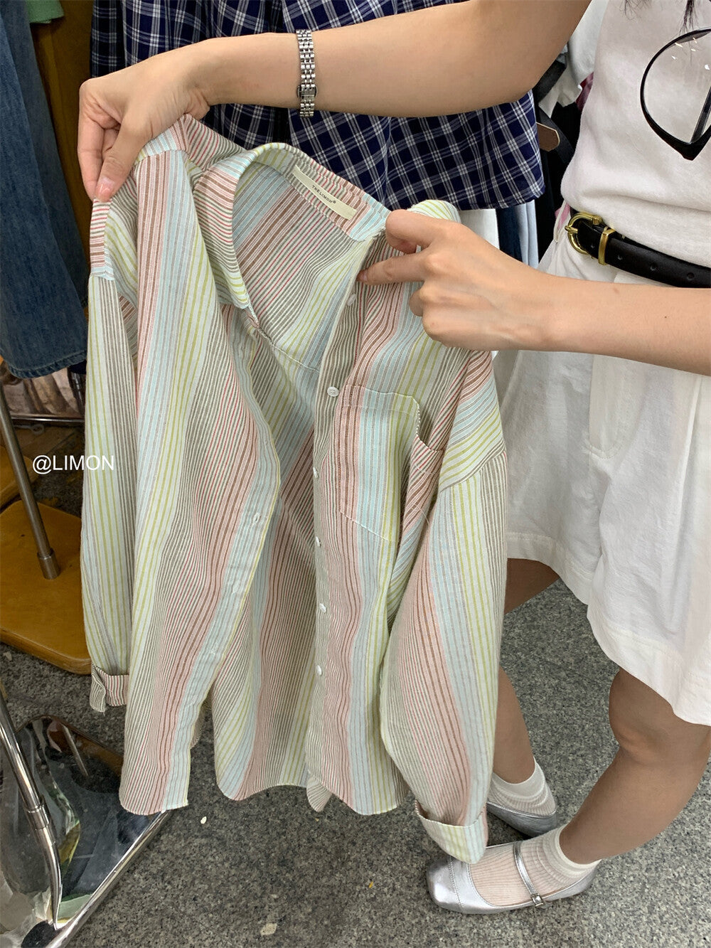 【L8505】實拍檸檬復古中性條紋長袖襯衫250414
