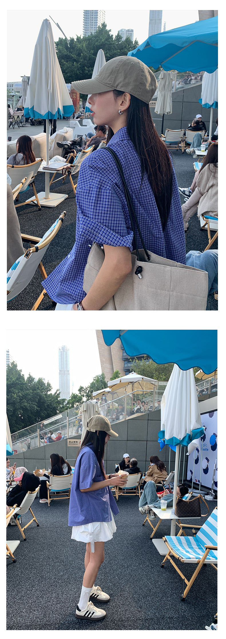 【H5154】實拍春夏復古藍白細格短袖襯衫250331