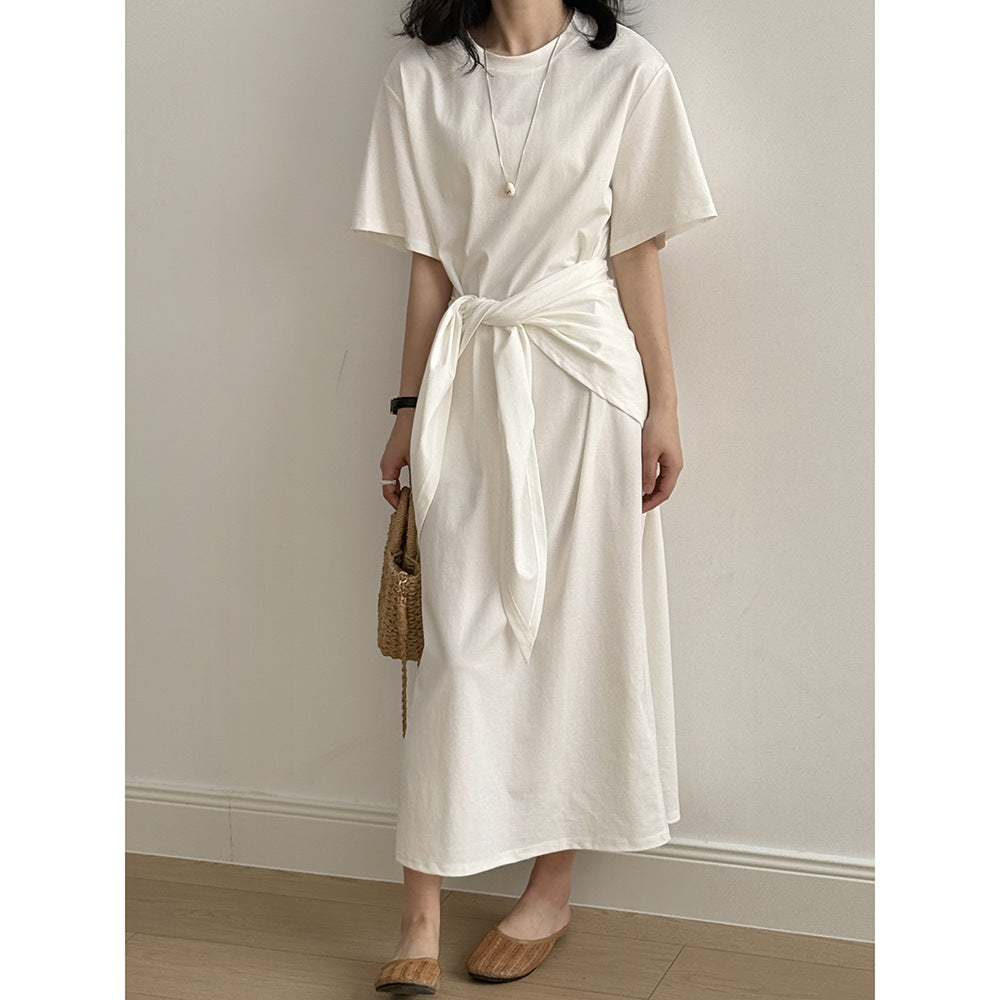 【Y82218】實拍舒舒服服簡約圓領短袖連衣裙+披肩250320
