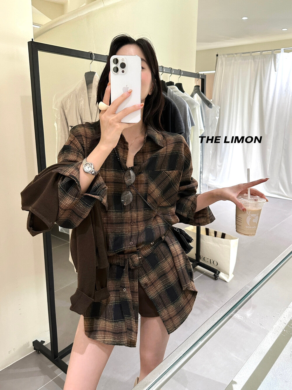 【L9205】實拍檸檬家復古磨毛格紋繫帶襯衫+腰帶250901