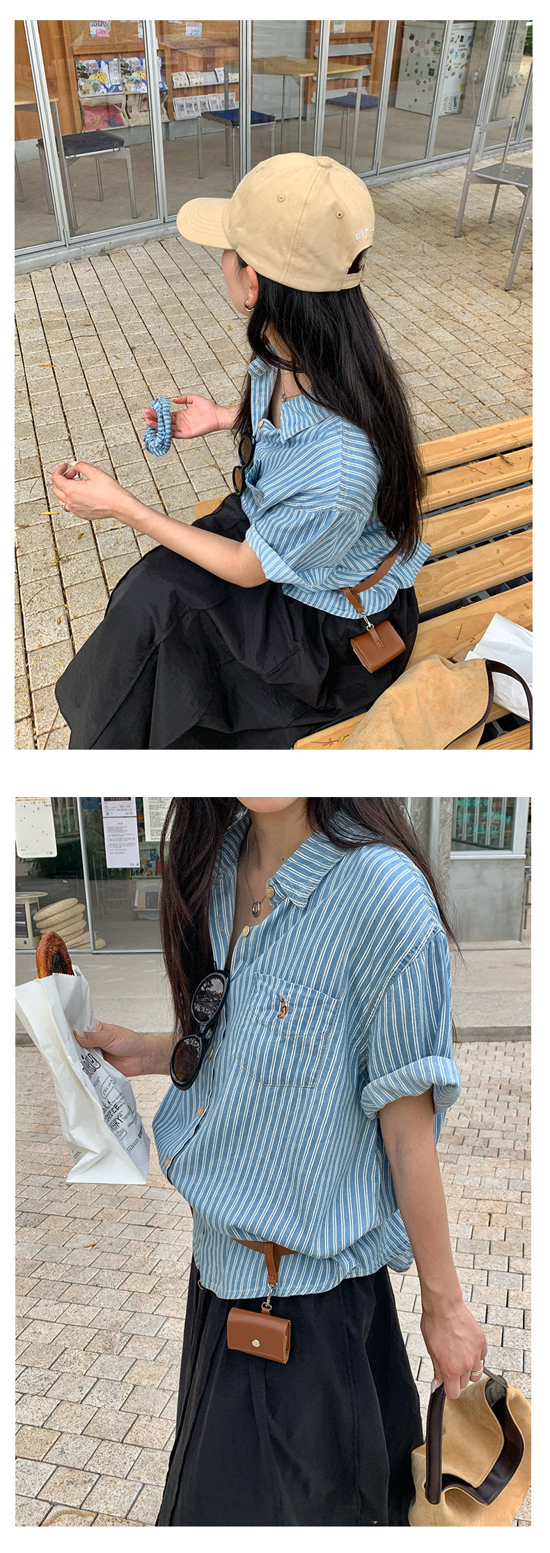【H5222】實拍夏季休閒復古|條紋口袋刺繡短袖襯衫+髮圈250429