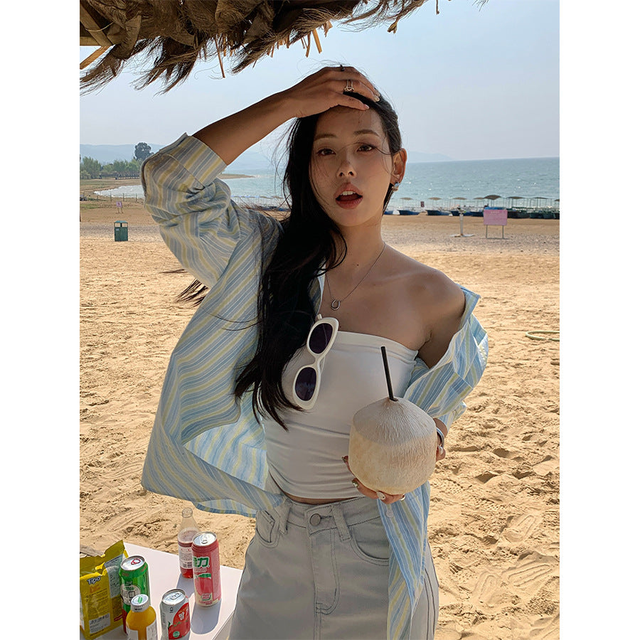 【H5138】實拍夏季清新條紋棉質防曬襯衫250324