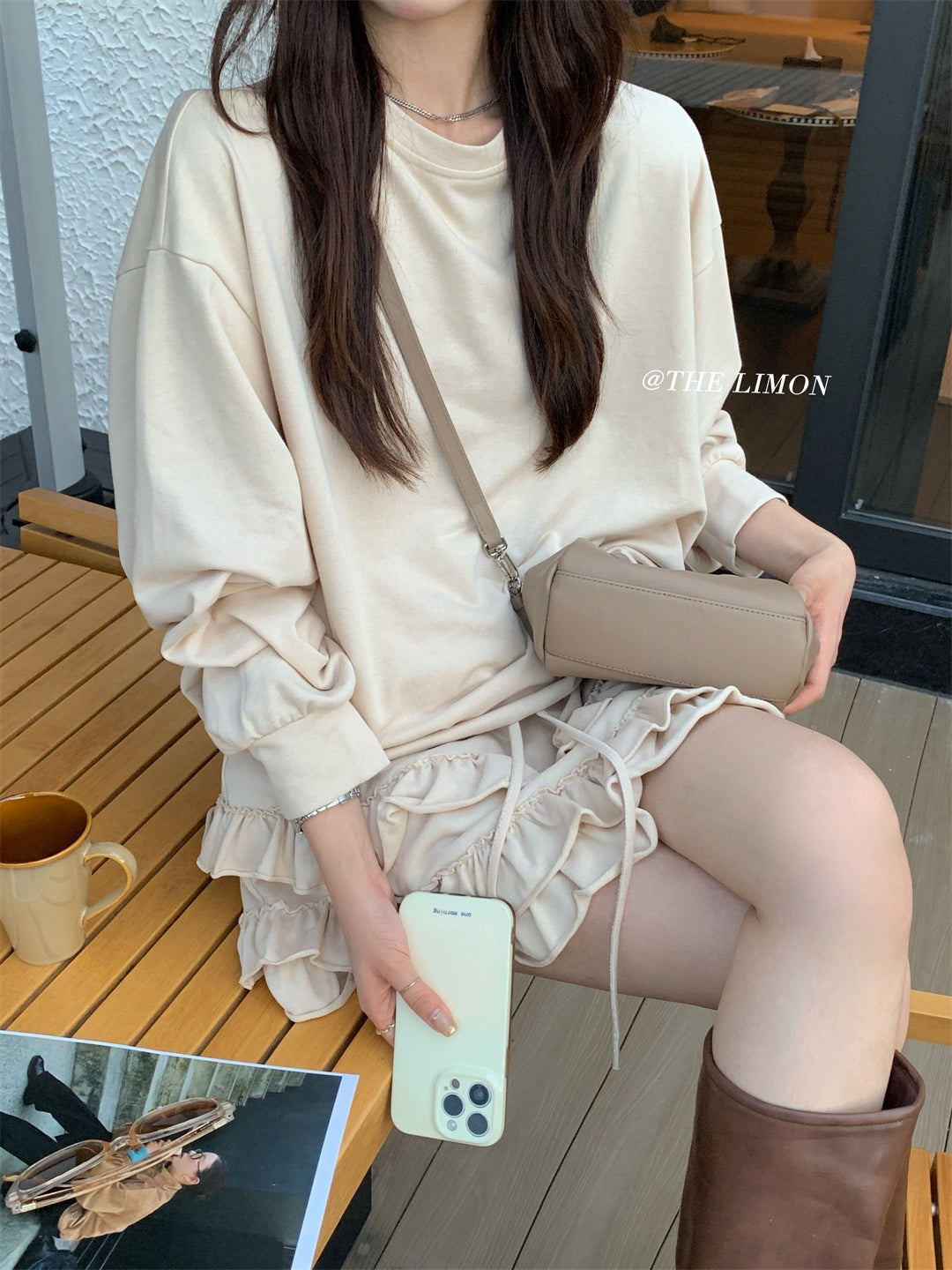 【L9161】實拍檸檬家慵懶少女長袖衞衣+蛋糕裙 2件套250901