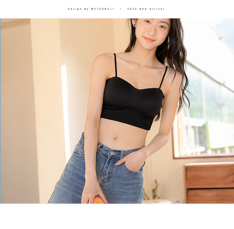 【M0405】實拍冰絲無痕連體杯彈力抹胸一字打底不走光美背內搭外穿背心230611