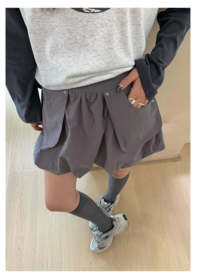 【H5419】實拍韓系美少女工裝褶皺高腰花苞裙250909