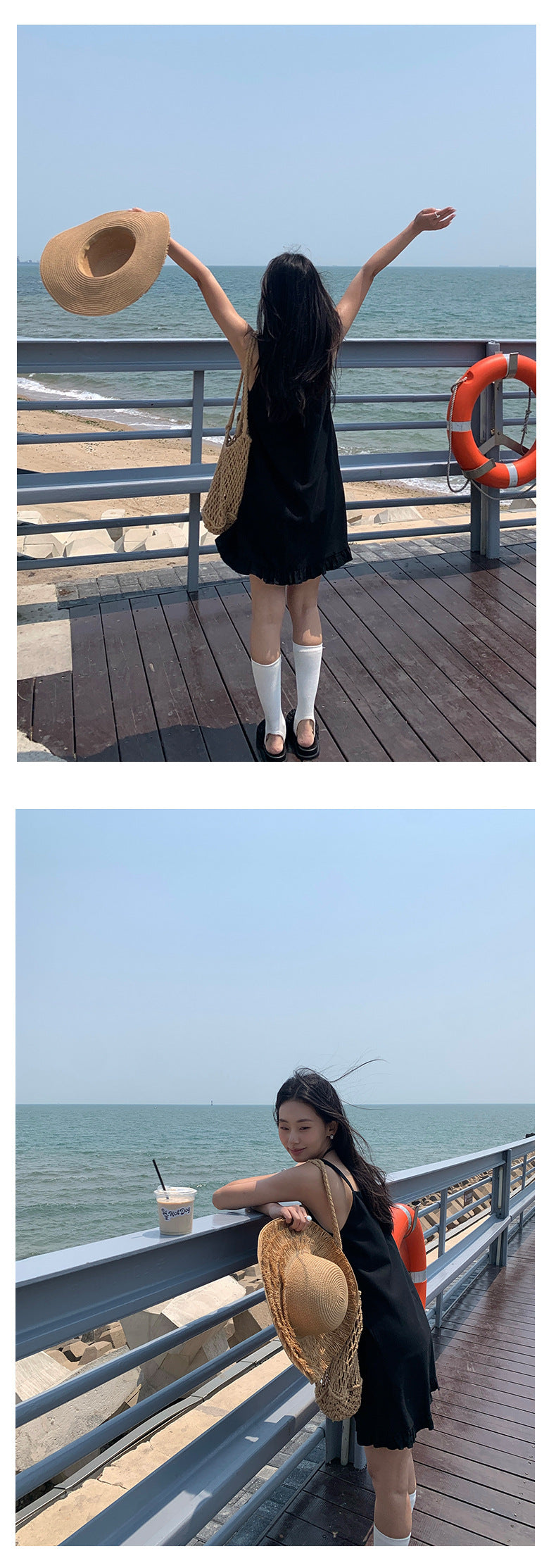 【H5311】韓系夏季方領褶邊裙襬直筒吊帶洋裝250610