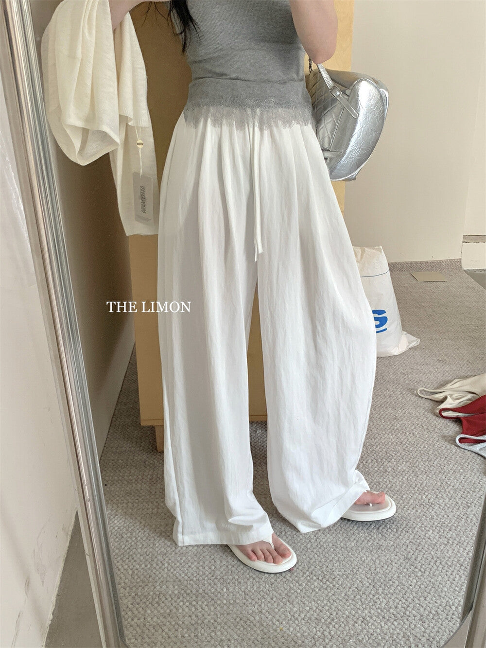 【L8501】實拍檸檬簡約舒適抽繩闊腿褲250414