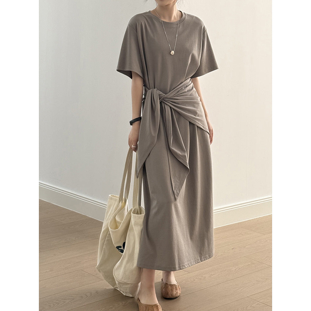 【Y82218】實拍舒舒服服簡約圓領短袖連衣裙+披肩250320