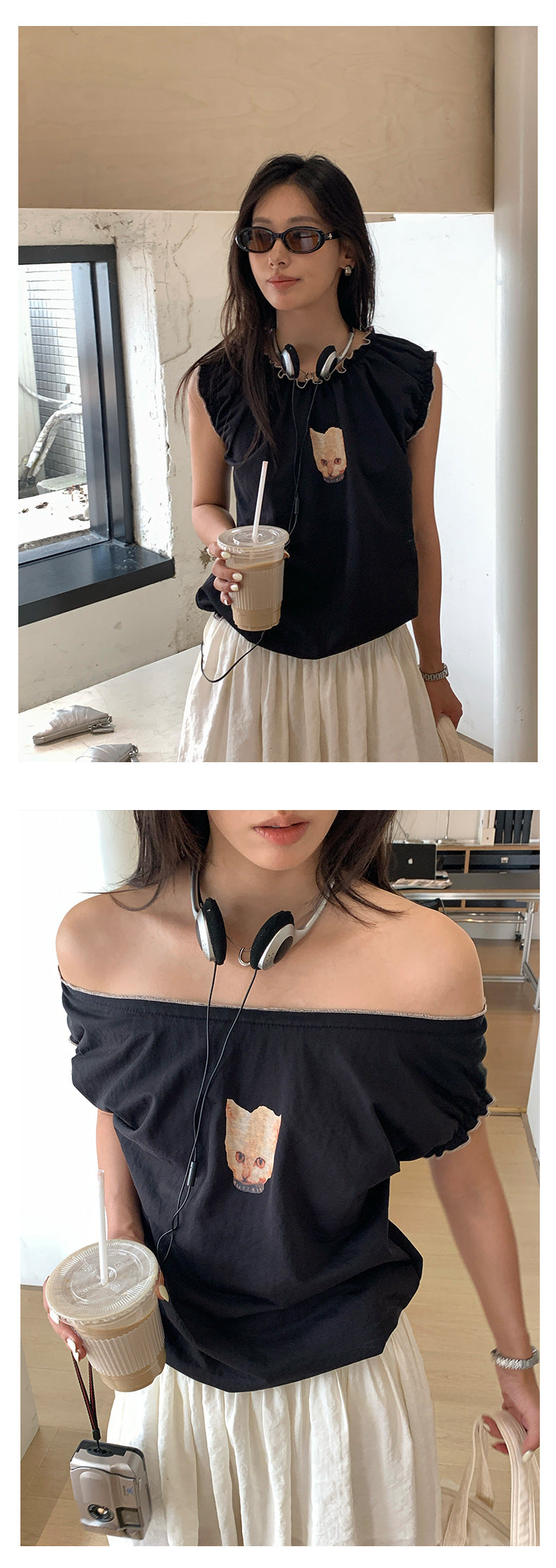【H5346】實拍韓版可愛貓貓棉質舒適上衣250701