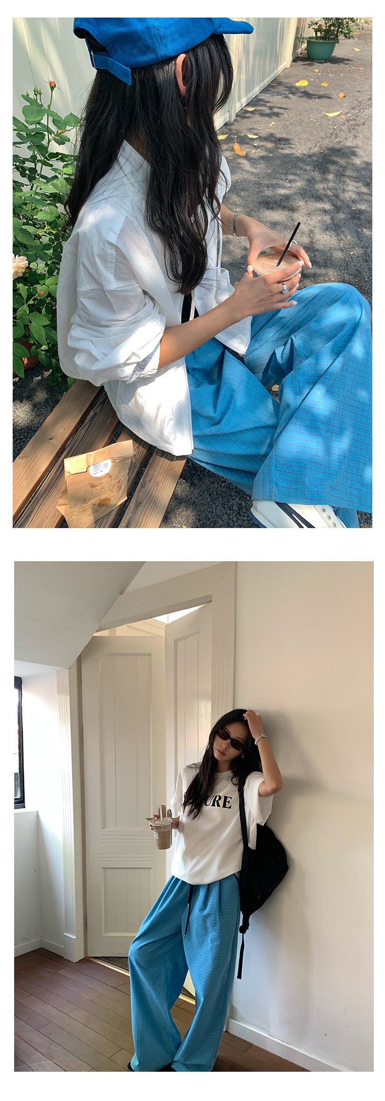 【H5164】實拍夏天舒適休閒格紋寬鬆闊腿褲抽繩鬆緊腰250407