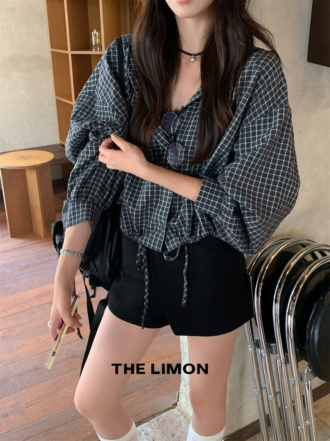 【L9026】實拍檸檬家休閒連帽抽繩格紋長袖襯衫250901