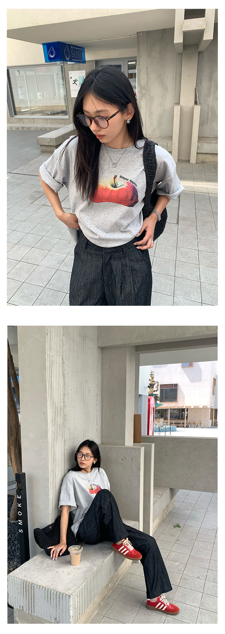 【H5285】實拍夏天韓國蘋果印花大版短袖寬鬆T恤250603