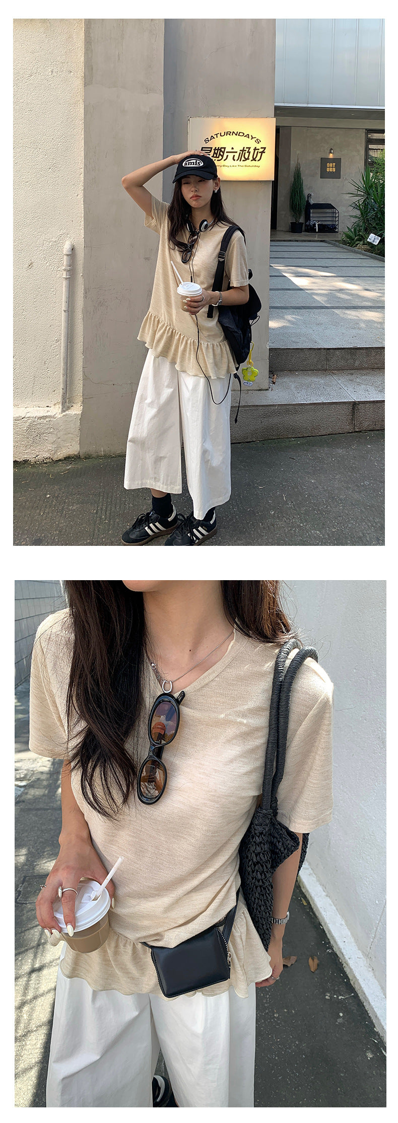 【H5375】實拍燕麥色荷葉下擺短袖T250715